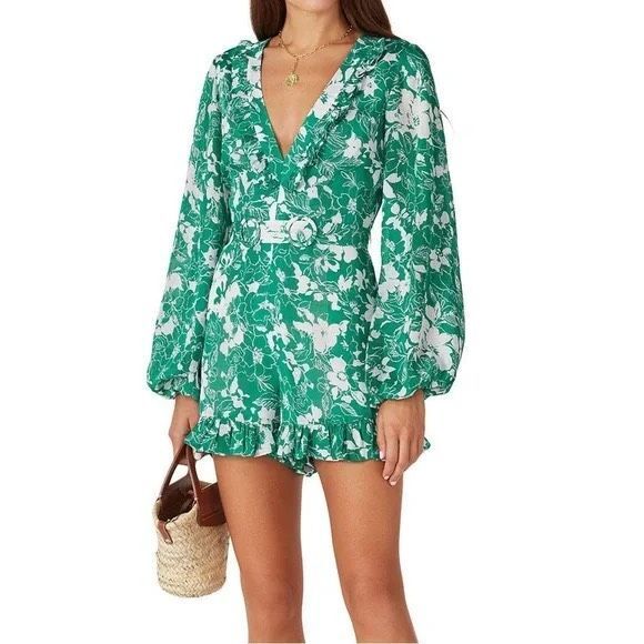 Alexis Green & White Floral Long-Sleeve Ruffle Romper SZ L - Picture 1 of 12